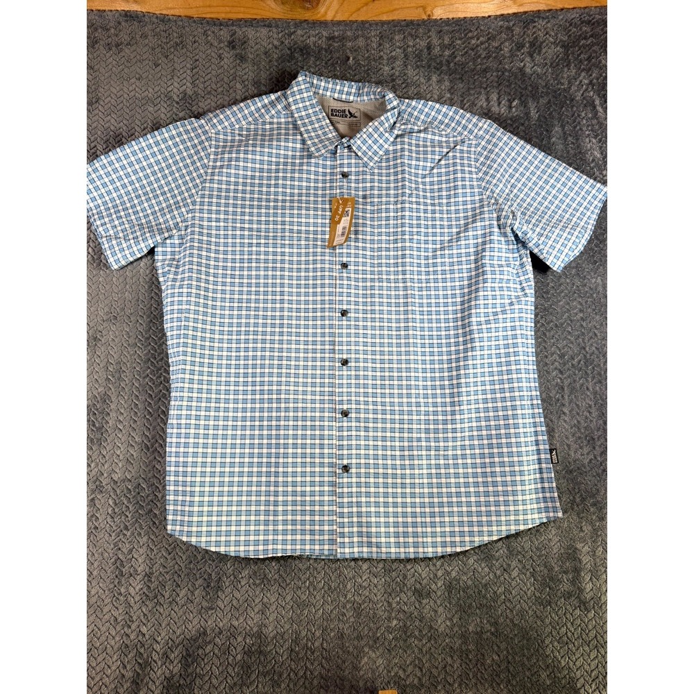 Eddie Bauer Pack It 2.0 Seersucker Shirt Men 3XLT White Blue Short Sleeve UPF 30